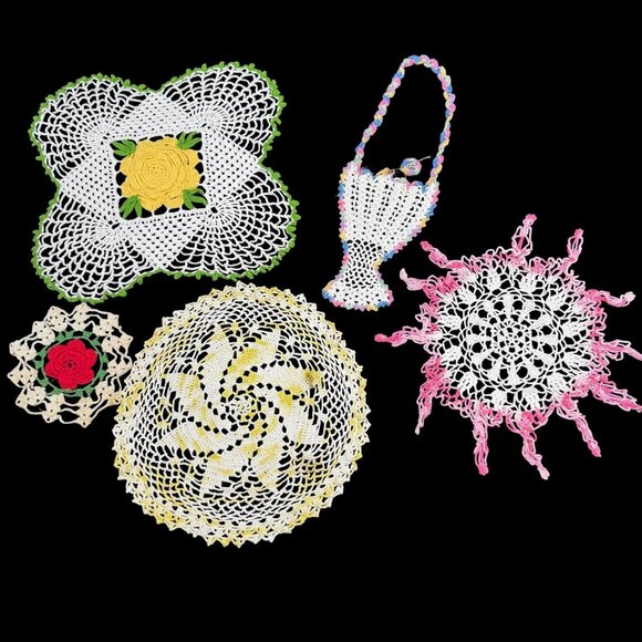 Vtg Doily Other - Vtg Crochet Doilies & Decor Floral Spring Basket Cottagecore Farm Table 5pc Set